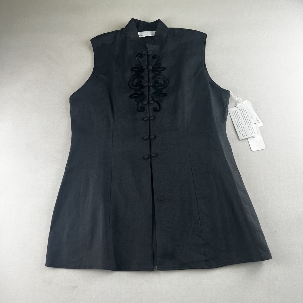 NWT 100% Linen Sleeveless Blouse Chinese Style Black Wedding Classy Formal